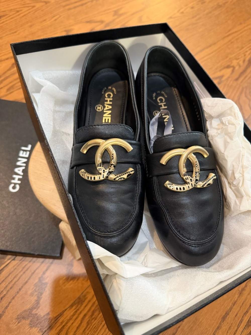 CHANEL Black  Leather Loafers with Gold CC Medallion . - Picture 6 of 12